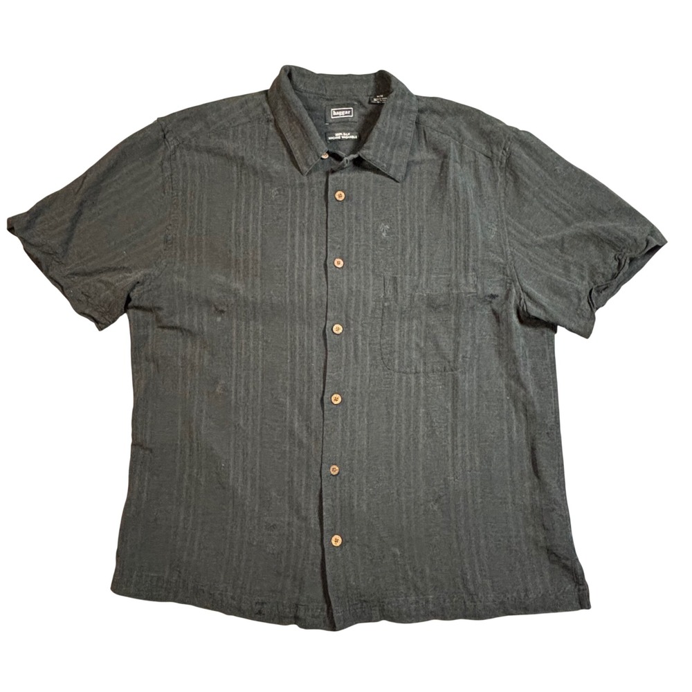 Haggar Mens‎ Short Sleeve Button Up Shirt Black Stripe Silk Palm Tree Size M